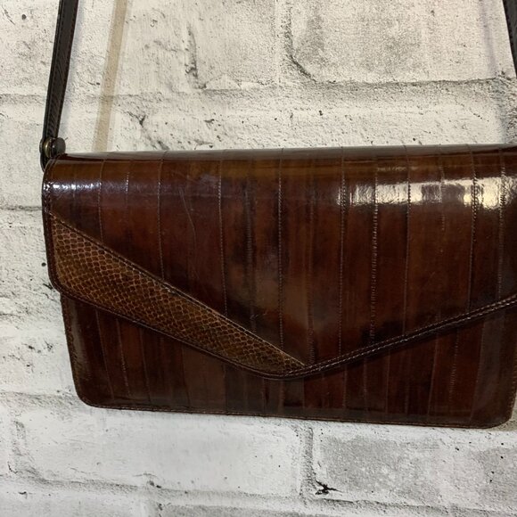 Vintage 80s Burgundy Eel Skin Shoulder Bag Crossbody Handbag Clutch Purse - Picture 3 of 16